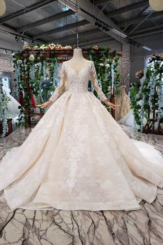 Princess Long Sleeves Ball Gown Lace Wedding Dresses, Long Bridal Dress INN43