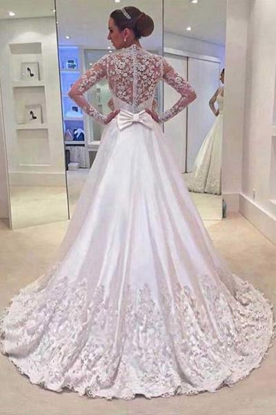 White A Line V Neck Long Sleeves Appliques Wedding Dresses With Sweep Train IN525