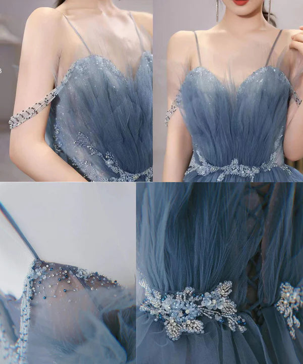 Dusty Blue Sparkly Tulle Beaded Prom Dress, Tiered Formal Gown With Rhinestone IN1932