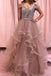 Rhinestones Layered Off the Shoulder Prom Dress Rose Pink Tulle Party Dresses INS12