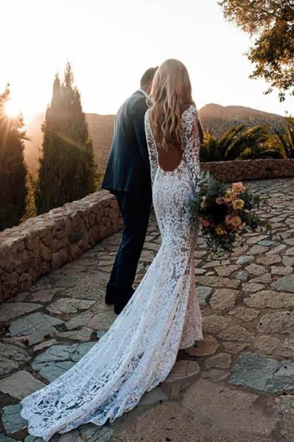 Long Sleeve Lace V Neck Backless Mermaid Boho Wedding Dresses,Beach Wedding Gown INH77