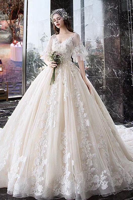 Charming Half Sleeves Ball Gown Wedding Dresses, Appliques V Neck Bridal Dress INK2