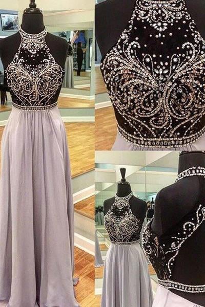 Charming Chiffon Sequins Beading Halter Backless Prom Evening Dress IN134