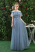 A Line CHiffon Blue Off the Shoulder Prom Dress, Long Ruffles Bridesmaid Dresses INQ79