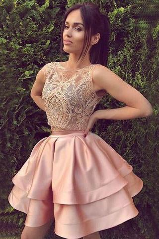 Cute round neck lace short a line pink homecoming dresses, sweet 16 dress IN225