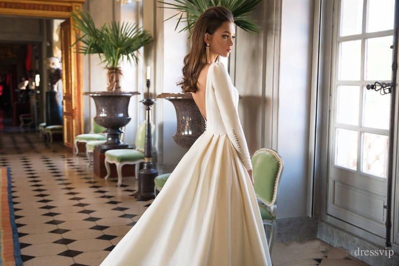 Simple Ivory Long Sleeves Satin A Line Wedding Dresses ING43