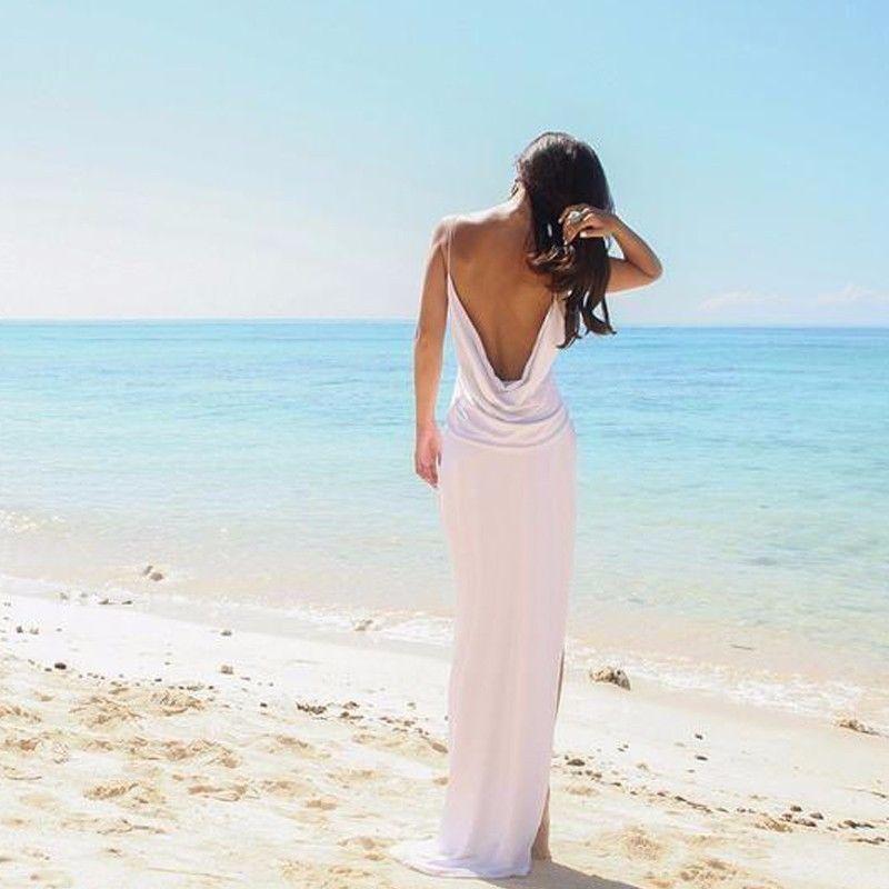 Sexy Backless Beach Bridal Dress,Slit Spaghetti Straps Summer White Wedding Gown IN260