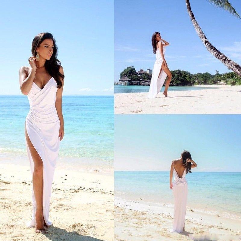 Sexy Backless Beach Bridal Dress,Slit Spaghetti Straps Summer White Wedding Gown IN260