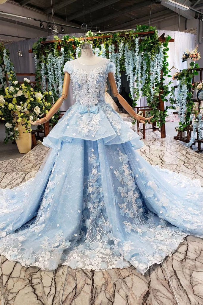 Princess Light Sky Blue Prom Dress with Flowers, Ball Gown Quinceanera Dress INP50
