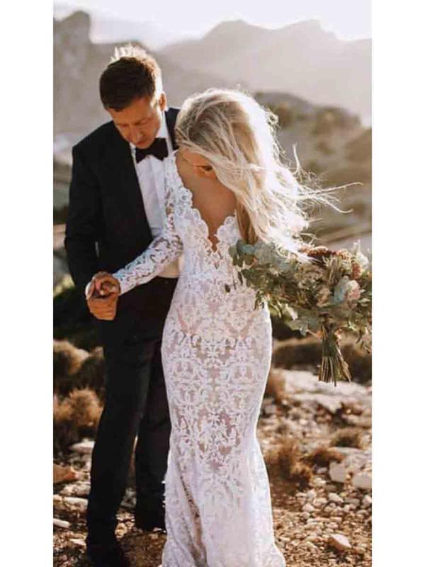 See Through Lace Long Sleeve Backless Mermaid Wedding Dress INF82