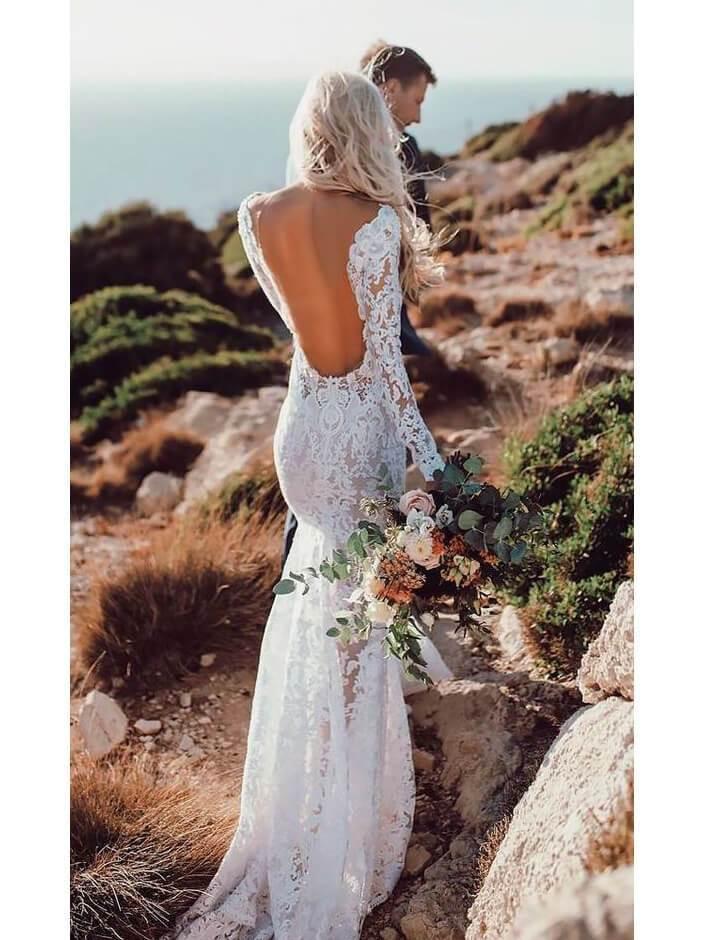 See Through Lace Long Sleeve Backless Mermaid Wedding Dress INF82