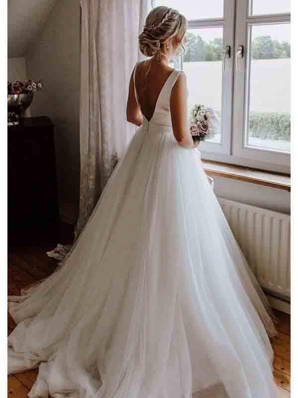 Simple Modest Wedding Gowns With Bownot Cheap Tulle Backless Wedding Dress INF79