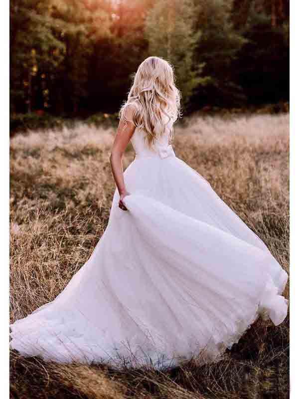 Simple Modest Wedding Gowns With Bownot Cheap Tulle Backless Wedding Dress INF79