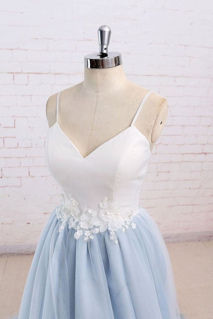 Baby Blue Tulle Long Simple Flower Senior Prom Dress With White Top,Long Tulle Evening Dress IN503