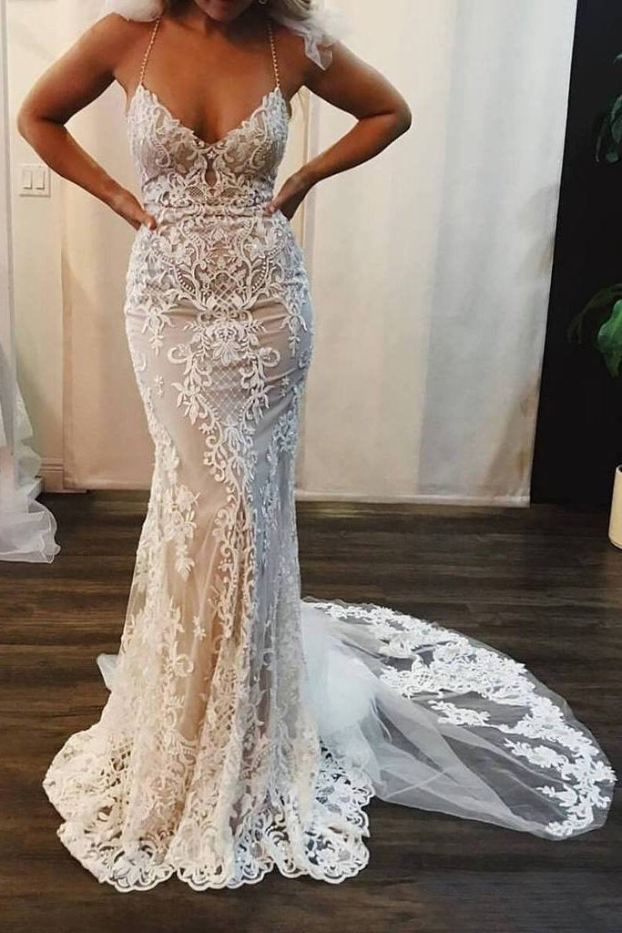 Spaghetti Strap Mermaid Wedding Dresses Lace Appliques Long Bridal Dress INP77