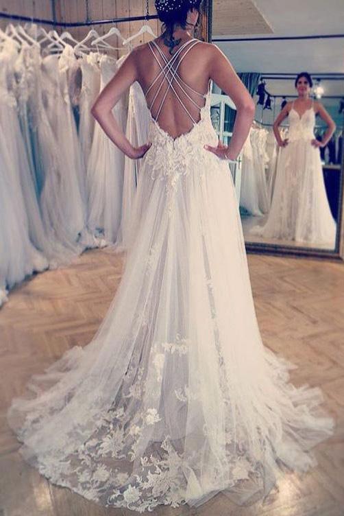 Deep V Neck Applique Wedding Dresses Ivory A Line Wedding Gowns INP88