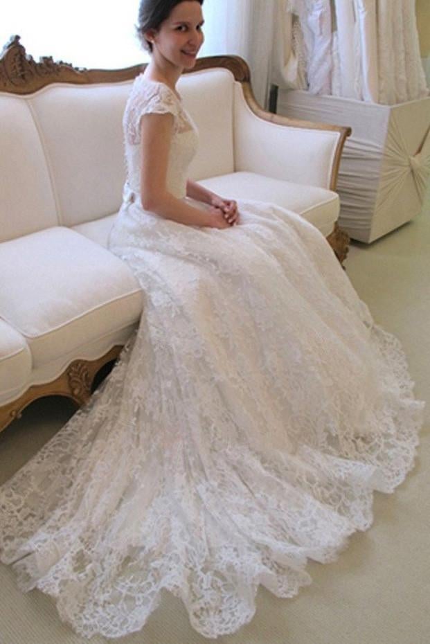 Cap Sleeve Lace A Line Long Affordable Wedding Dresses INC70