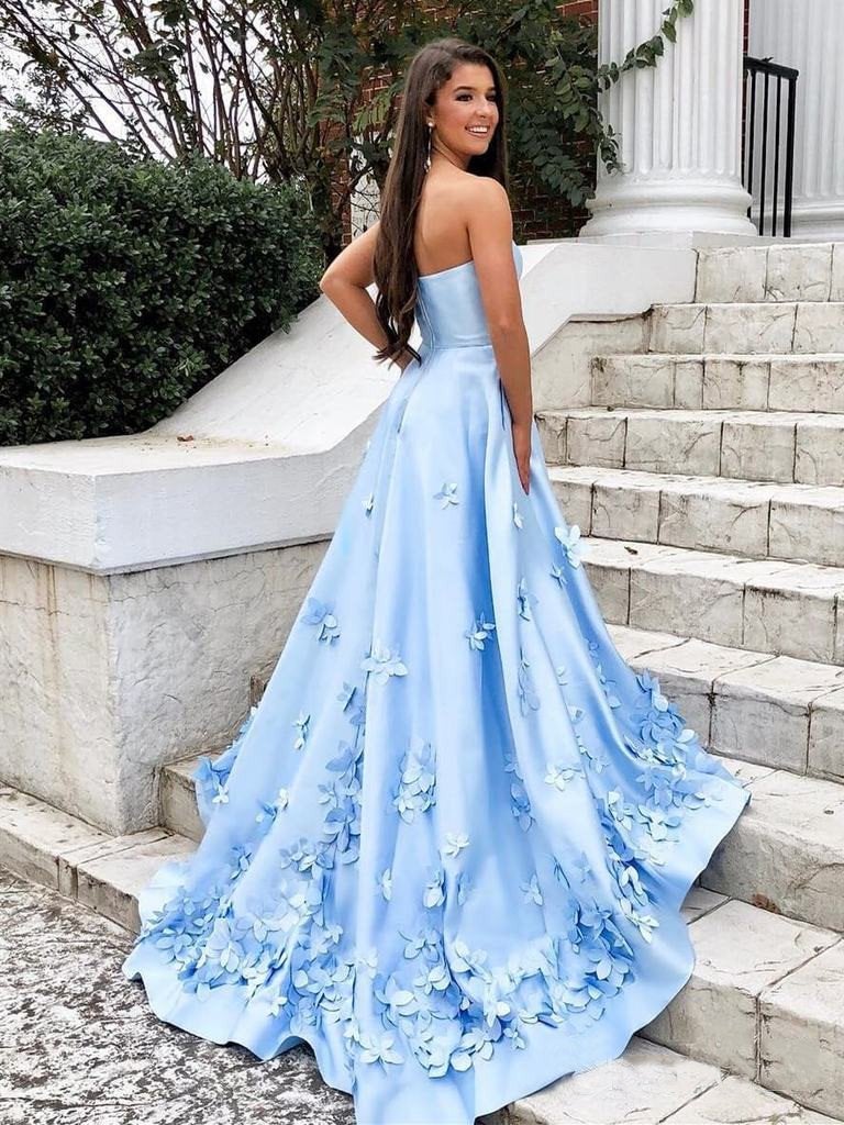 Sweetheart Sky Blue Long Satin Cheap Prom Dresses with 3D Floral Applique OKI2 indresses