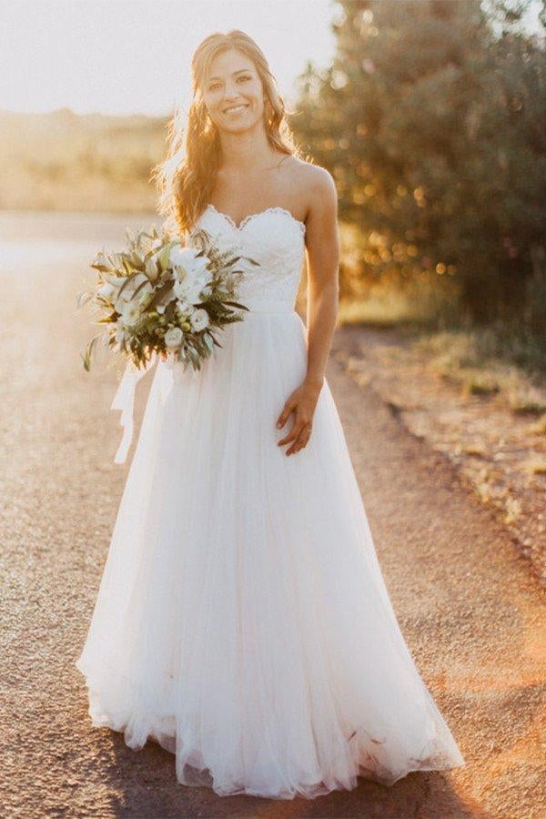 Beach Sweetheart White Wedding Dress with Lace,Casual A Line Wedding Dresses IN109