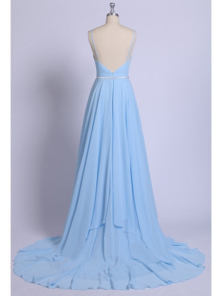 Sexy Split Sky Blue Beach Simple Wedding Dresses Chiffon Long Prom Dress INI21