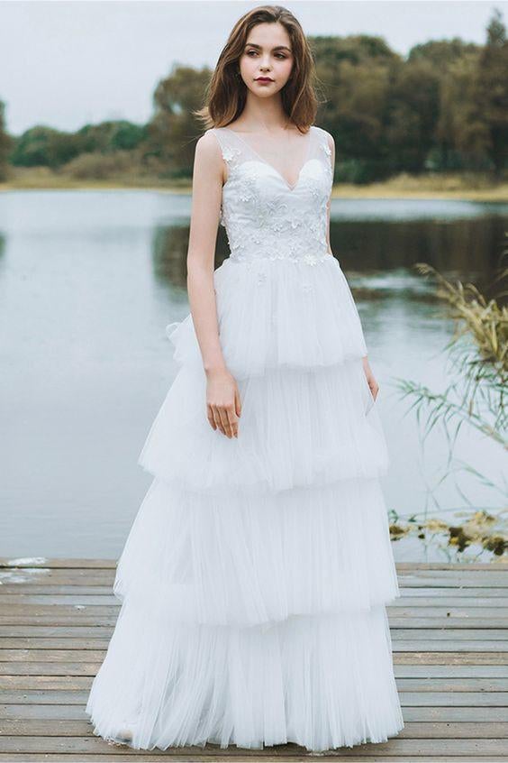 Unique Tiered Tulle Low Back V Beck Boho Beach Wedding Dress With Lace Appliques ING8