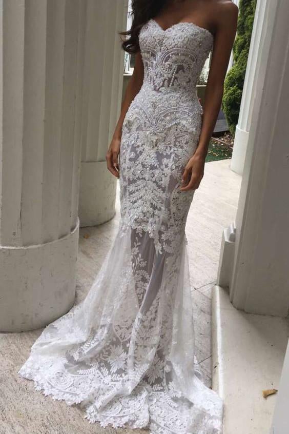 Charming White Lace Mermaid Sexy Sweetheart Sexy Long Beach Wedding Dresses IN184