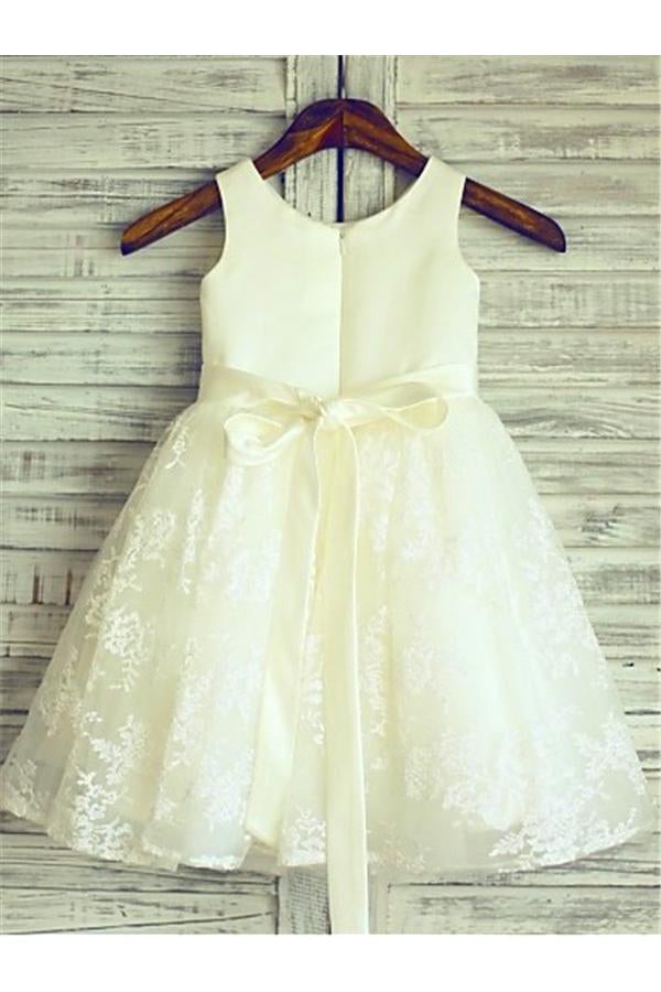 Ivory A-line Scoop Lace Sleeveless Floor-Length Beading Flower Girl Dresses IN717