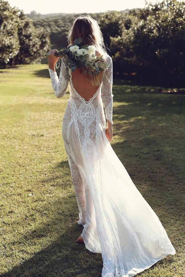 Off White Sheath Long Sleeve Backless Lace Wedding Dress,Summer Beach Wedding Dress INA54