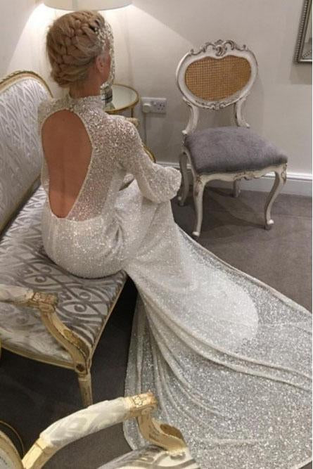 Mermaid High Neck Open Back Sweep Train Ivory Lace Wedding Dresses INR17