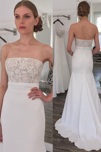 Simple Strapless Mermaid Long Wedding Dress with Sweep Train INL46