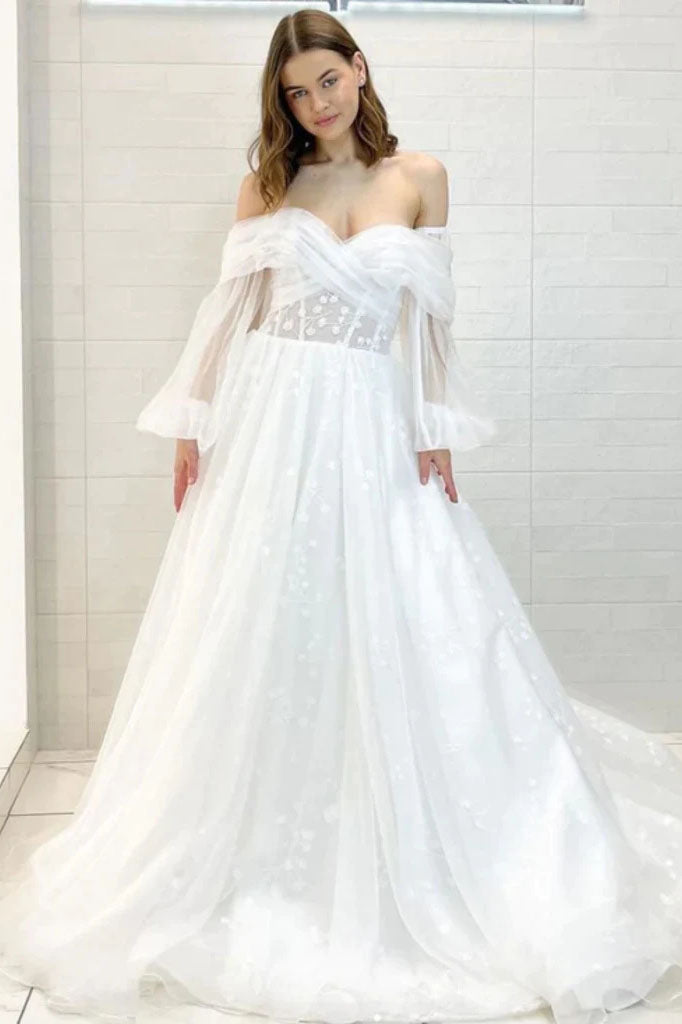 Off the Shoulder Long Sleeves White A Line Tulle Floral Wedding Dresses IN1922