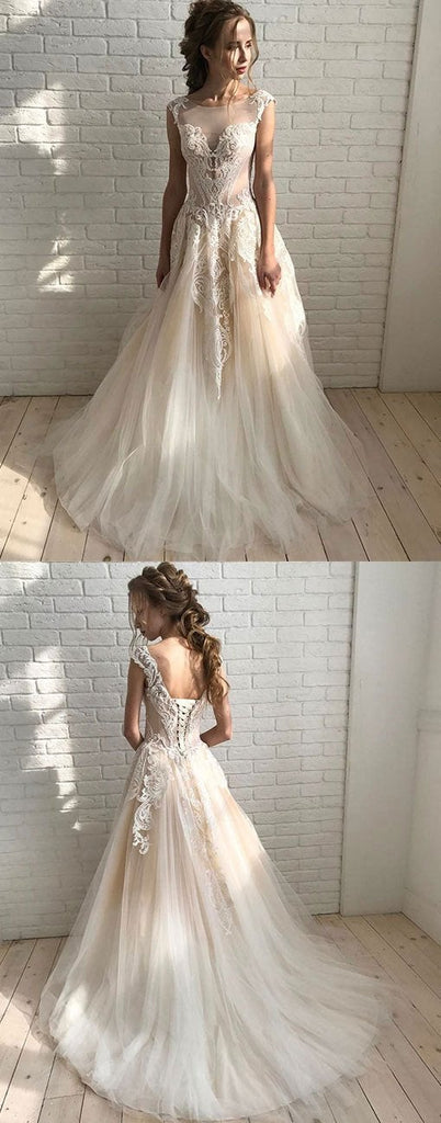 Elegant A Line Tulle Lace Long Prom Dresses,Unique Wedding Dress INE32