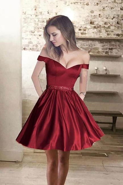 Cute Off Shoulder A line Beaded Satin Burgundy Short Homecoming Dresses,Sweet 16 Dress IN234