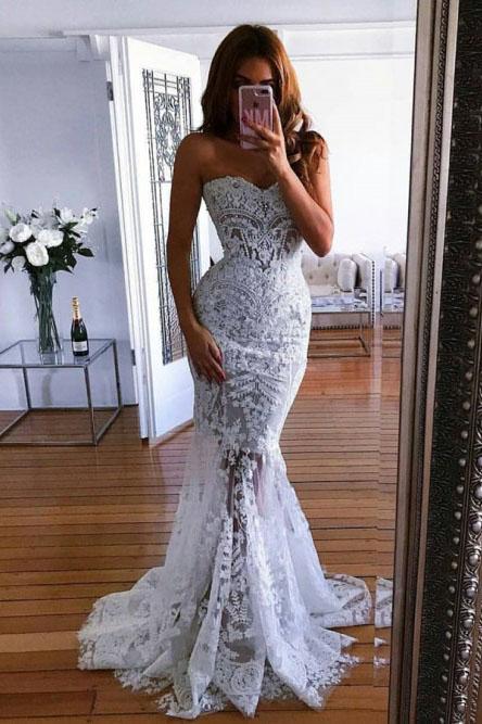 Charming Mermaid Sweetheart Sweep Train Lace Wedding Dress with Appliques INK42