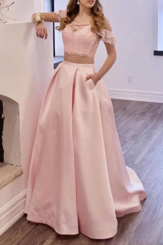 Two Piece Blush Pink Prom Dresses Long Lace Prom Gowns With Pockets INO91