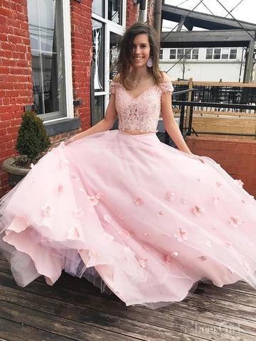 Stunning Two-piece V Neck Bridal Dresses Flowers Appliqued Pink Wedding Gowns INP91