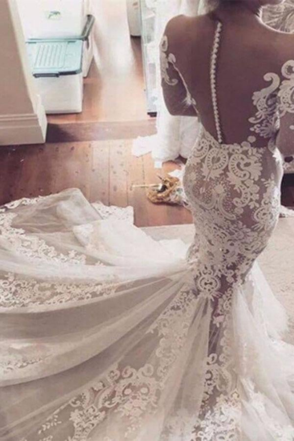 White Lace Appliques Mermaid Long Sleeves Tulle Wedding Dress IN595