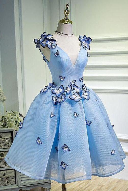 Sky Blue Butterfly Applique A Line V Neck Short Homecoming Dress INB67