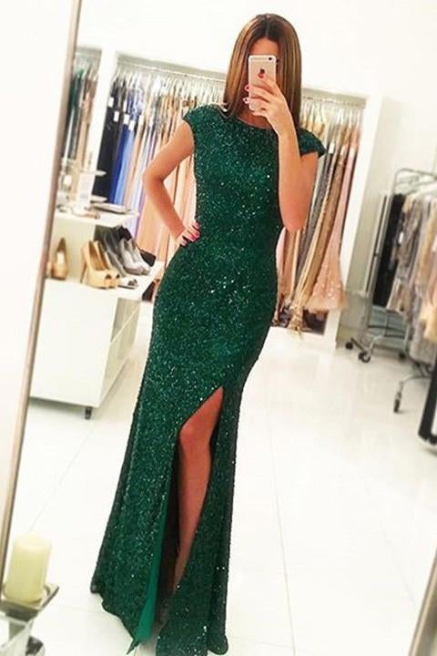 Luxurious Cap Sleeves Dark Green Split-Front Open Back Long Sequin Sexy Mermaid Prom Dress IN150