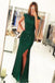 Luxurious Cap Sleeves Dark Green Split-Front Open Back Long Sequin Sexy Mermaid Prom Dress IN150