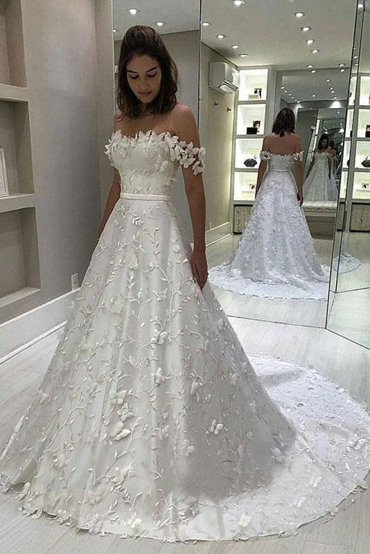 Elegant A-line Lace Appliques Wedding Dresses, Popular Off Shoulder Wedding Gowns IN1949