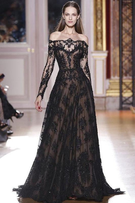 Romantic Long Sleeves Off the Shoulder Lace Appliques A Line Black Prom Dresses ING33