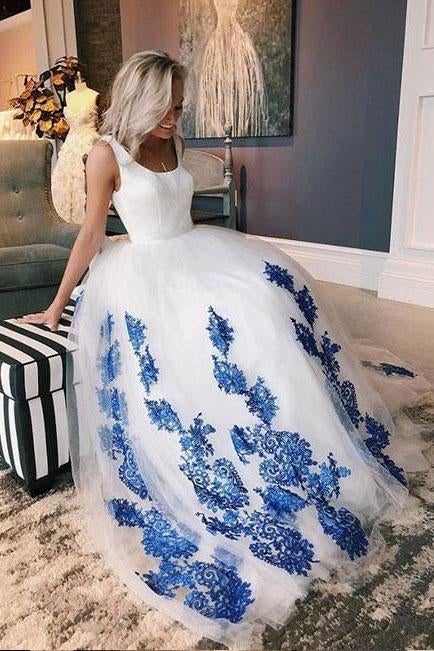 White Scoop Tulle Blue Lace Long Prom Dress, Evening Dress INE27