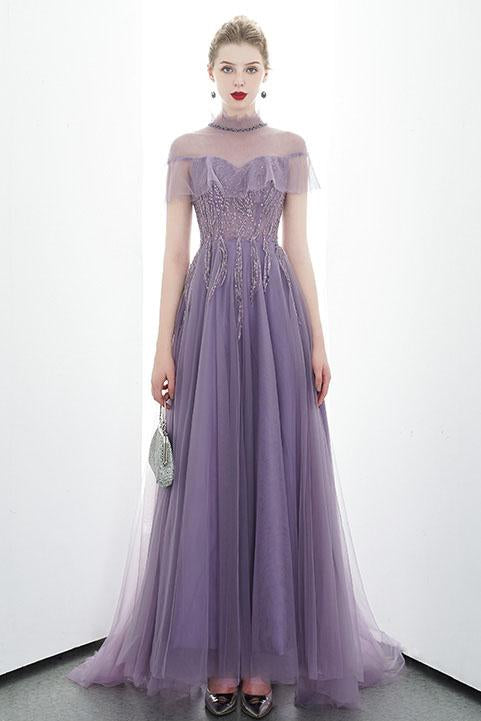 A-line Tulle Long High Neck Purple Prom Dress With Ruffles Formal Evening Dress INR86