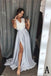 A-Line V-Neck Elastic Satin Long Split Prom Dress with Lace Top INB23