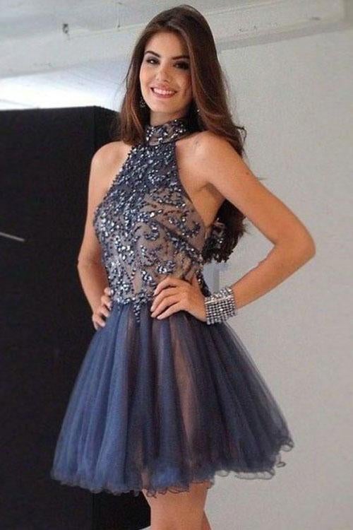 Cheap Short High Neck A-Line Beading Tulle Homecoming Dresses INC86