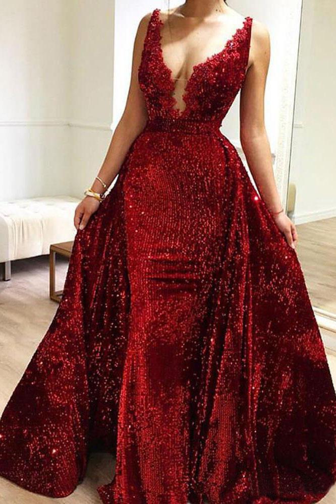 Burgundy Sequins Long V Neck Prom Dresses Lace Evening Dresses INP1