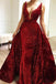 Burgundy Sequins Long V Neck Prom Dresses Lace Evening Dresses INP1