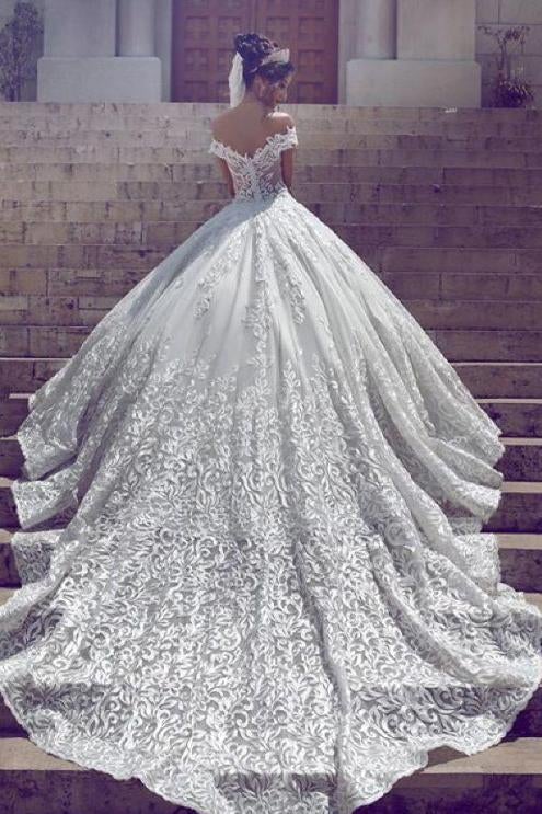 Off the Shoulder Short Sleeve Lace Ball Gown Wedding Dress IN870