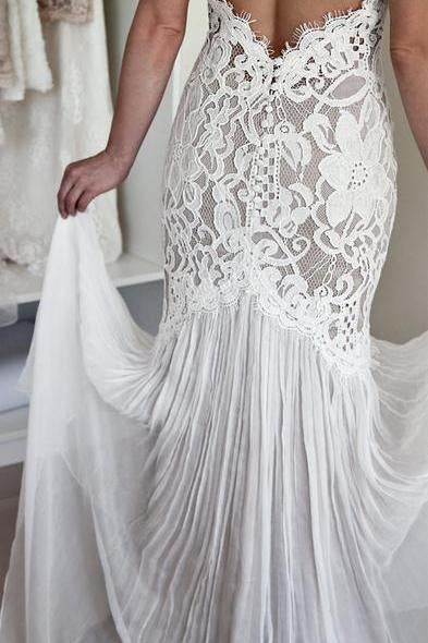 Mermaid Lace Unique Flowy Keyhole Back Long Wedding Dresses IN800